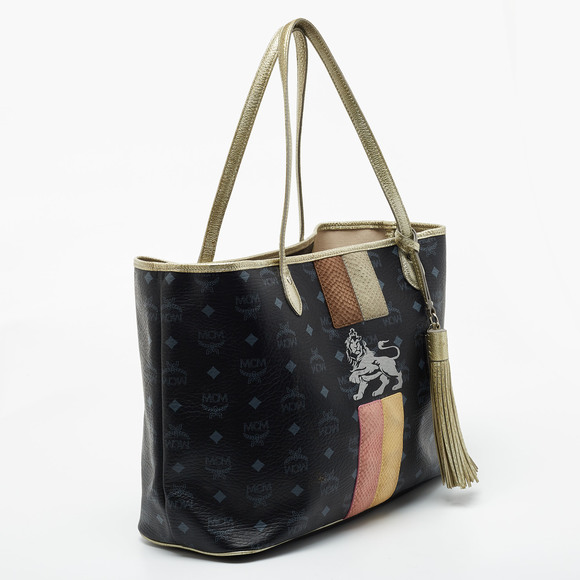 MCM Black Visetos Coated Canvas and Leather Princess Lion Shopper Tote